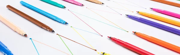 Panoramic shot of felt-tip pens on white background with connected drawn lines, connection and communication concept — Stock Photo