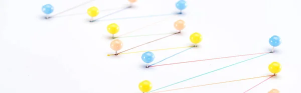 Panoramic shot of colorful connected drawn lines with pins, connection concept — Stock Photo