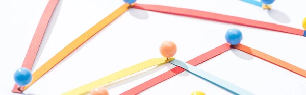 Panoramic shot of multicolored abstract connected lines with pins, connection and communication concept — Stock Photo