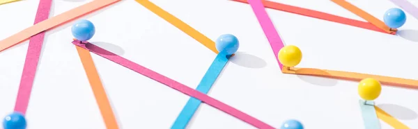 Panoramic shot of multicolored abstract connected lines with pins, connection and communication concept — Stock Photo