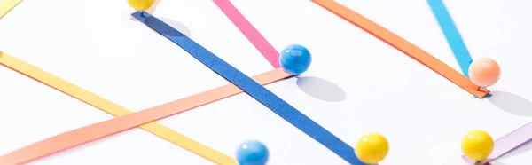 Panoramic shot of multicolored abstract connected lines with pins, connection and communication concept — Stock Photo