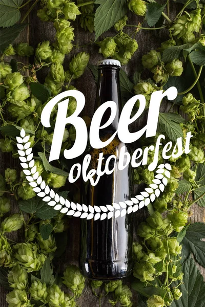 Vista superior de la cerveza fresca en botella con lúpulo verde en la superficie de madera con la ilustración Oktoberfest cerveza - foto de stock