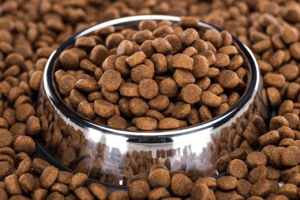 Dry pet food in silver bowl and around — Stock Photo