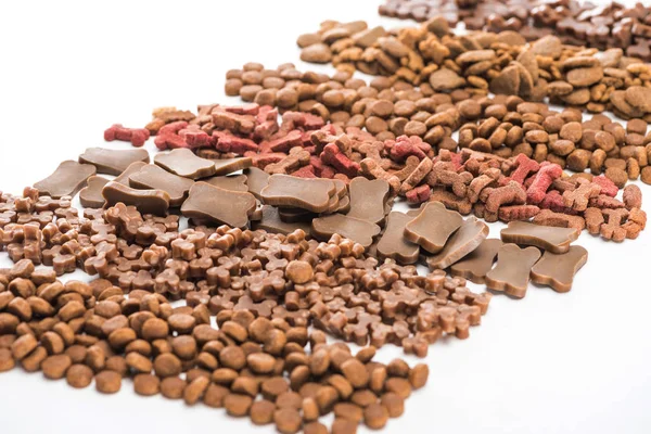Selective focus of fresh assorted dry pet food in lines isolated on white — Stock Photo