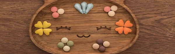 Vue du dessus des aliments secs pour animaux de compagnie félins et des vitamines dans une jolie assiette en forme de chat sur une table en bois, panoramique — Photo de stock