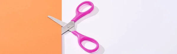 Panoramic shot of scissors and colorful paper on white background — Stock Photo