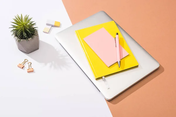 High angle view of laptop, notebooks, pen, plant, erasers, paper clips and paper — Stock Photo