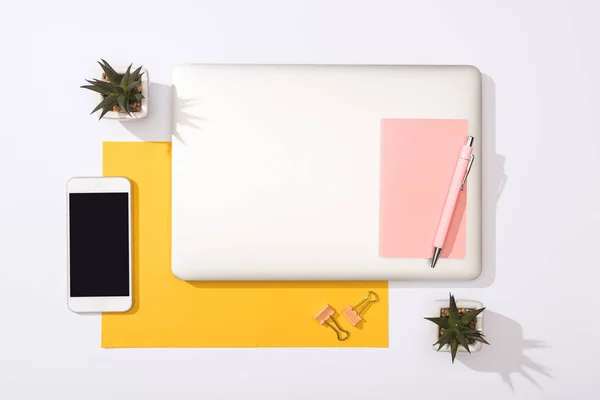 Vista superior de laptop, plantas, papel amarelo, notebook, caneta, smartphone, clipes de aglutinante — Fotografia de Stock