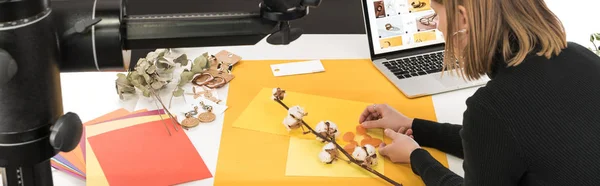 Photographer making composition with cotton flower and accessories for commercial  photo shooting with camera and laptop, panoramic shot — Stock Photo