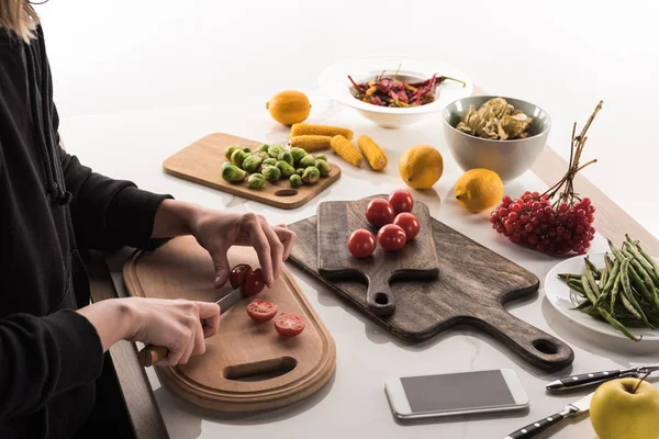 Cropped view of photographer making food composition for commercial photo shoot — Stock Photo