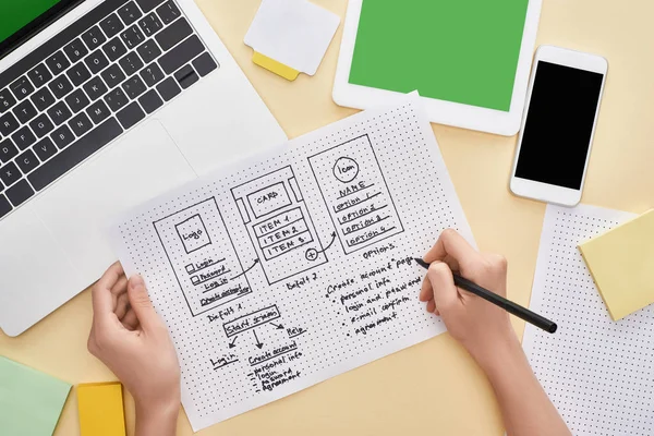 Vista recortada de la plantilla de diseño del sitio web de holding de diseñador cerca de gadgets sobre fondo amarillo - foto de stock