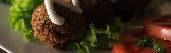 Vista de perto de falafel com molho na placa com legumes fatiados no escuro, tiro panorâmico — Fotografia de Stock