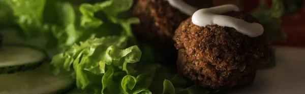 Primer plano vista de falafel con salsa en el plato con verduras en rodajas en oscuro, plano panorámico - foto de stock