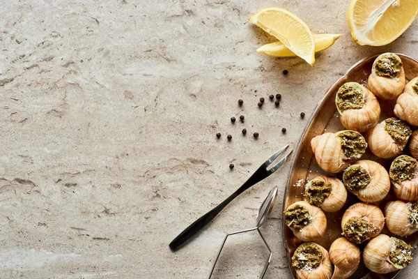 Vista dall'alto di deliziose carrube cotte con fette di limone, pepe nero e pinzette su sfondo di pietra — Foto stock