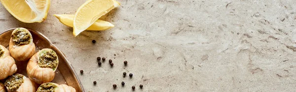 Vista superior de deliciosas escargots cocidas con rodajas de limón, pimienta negra sobre fondo de piedra, plano panorámico - foto de stock