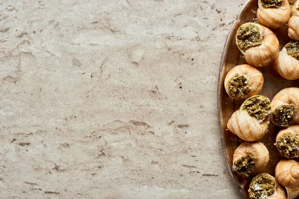 Vista superior de deliciosas escargotas cocidas en plato sobre fondo de piedra - foto de stock