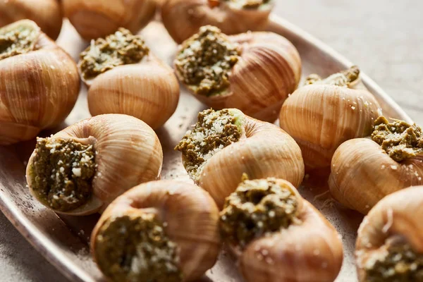 Vista de cerca de las deliciosas escargotas cocidas en el plato - foto de stock