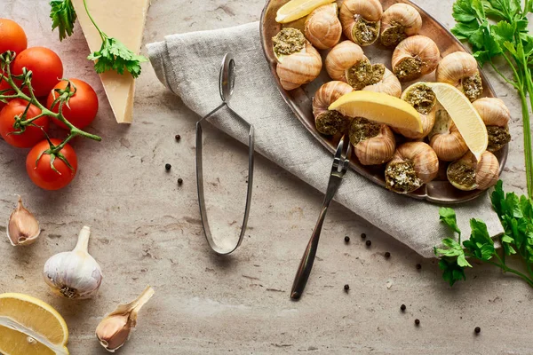 Top view of delicious served escargots near fresh ingredients on stone background — Stock Photo