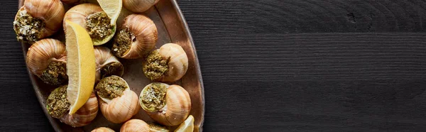 Vista superior de deliciosos escargots cozidos com limão na mesa de madeira preta, tiro panorâmico — Fotografia de Stock