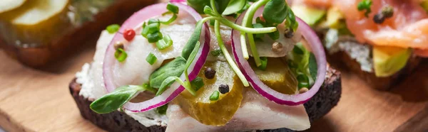 Panoramic shot of herring fish fillet on danish smorrebrod — Stock Photo