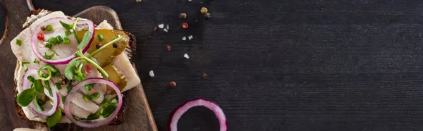 Tiro panorâmico de pão de centeio com peixe de arenque em sanduíche de smorrebrod na superfície cinza — Fotografia de Stock