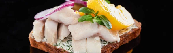 Panoramic shot of herring fish on delicious smorrebrod sandwich on black — Stock Photo