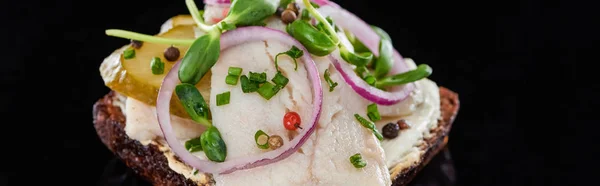 Tiro panorâmico de cebolas e peixe de arenque em delicioso sanduíche de smorrebrod em preto — Fotografia de Stock