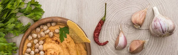 Vista superior de delicioso hummus com grão de bico, nacho em tigela perto de especiarias e salsa em mesa de madeira bege, tiro panorâmico — Fotografia de Stock