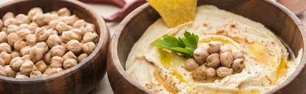 Hummus delicioso com grão de bico e nacho em tigelas, tiro panorâmico — Fotografia de Stock