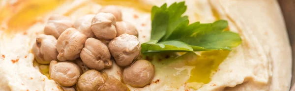 Vista de perto do delicioso hummus com grão de bico na tigela, tiro panorâmico — Fotografia de Stock