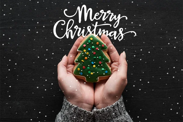 Cropped view of woman holding baked Christmas tree cookie in hands with Merry Christmas illustration — Stock Photo