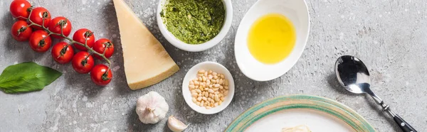 Top view of Parmesan, pesto and fresh vegetables on grey surface, panoramic shot — Stock Photo