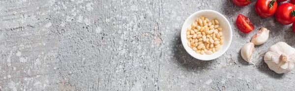 Top view of pine nuts, tomatoes and garlic on grey surface, panoramic shot — Stock Photo