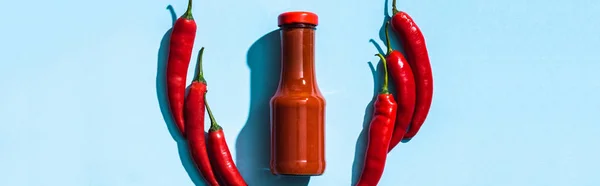 Vista superior de ketchup en botella con pimientos chicle sobre fondo azul, plano panorámico - foto de stock