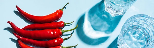 Top view of ripe chili peppers beside glasses of water on blue surface, panoramic shot — Stock Photo