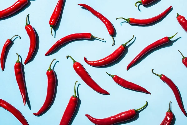 Vista superior de chiles rojos sobre fondo azul - foto de stock