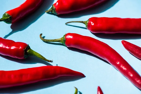 Frische, würzige Chilischoten auf blauem Hintergrund — Stockfoto