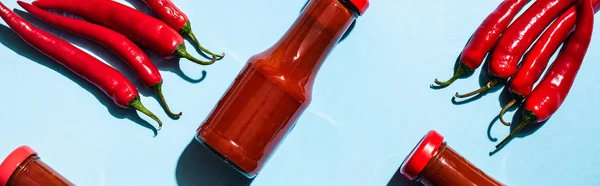 Top view of spicy chili peppers beside chili sauce in bottles on blue background, panoramic shot — Stock Photo