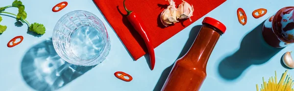 Vista dall'alto del ketchup con aglio, peperoncino e bicchiere d'acqua su sfondo blu, colpo panoramico — Foto stock