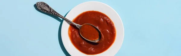 Top view of plate with homemade ketchup on blue background, panoramic shot — Stock Photo