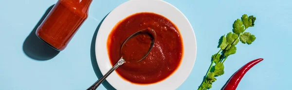 Top view of tasty chili sauce with chili pepper and cilantro on blue surface, panoramic shot — Stock Photo