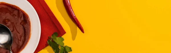 Top view of tomato sauce in plate with cilantro and chili pepper on yellow background, panoramic shot — Stock Photo