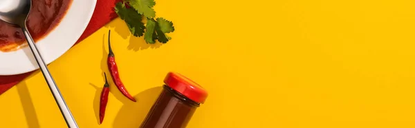 Ketchup in plate and bottle with cilantro and chili peppers on yellow background, panoramic shot — Stock Photo