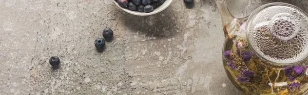 Top view of blueberries, herbal tea on grey concrete surface, panoramic shot — Stock Photo