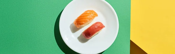 Vista superior de nigiri fresco con salmón y atún sobre la superficie verde y amarilla, plano panorámico - foto de stock