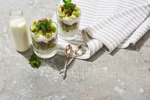 Granola frais avec kiwi et yaourt sur une surface en béton gris avec serviette rayée, bouteille de lait et cuillères — Photo de stock