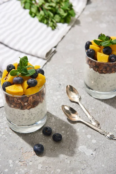 Selective focus of fresh granola with canned peach, blueberries and chia seeds on grey concrete surface with spoons, mint and napkin — Stock Photo
