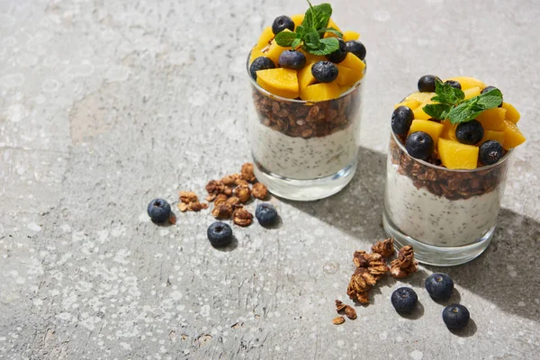 Leckeres Müsli mit Pfirsichkonserven, Blaubeeren und Joghurt mit Chia-Samen auf grauer Betonoberfläche — Stockfoto