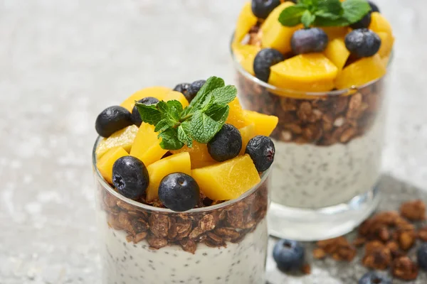 Close up view of tasty granola with canned peach, blueberries and yogurt with chia seeds on grey concrete surface — Stock Photo