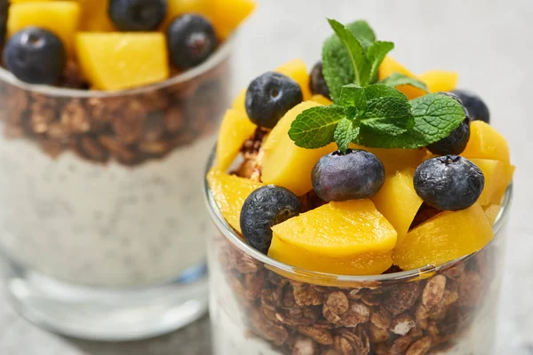 Close up view of tasty granola with canned peach, blueberries and mint — Stock Photo